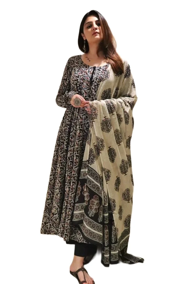 Trending Coral Black Printed Anarkali Dress | Kurti Pant Set 3 PCS