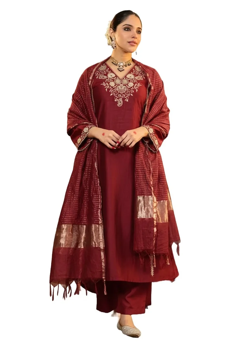 Maroon Jalpa Embroidered Straight Kurta Set with Matching Pants and Woven Dupatta for Women