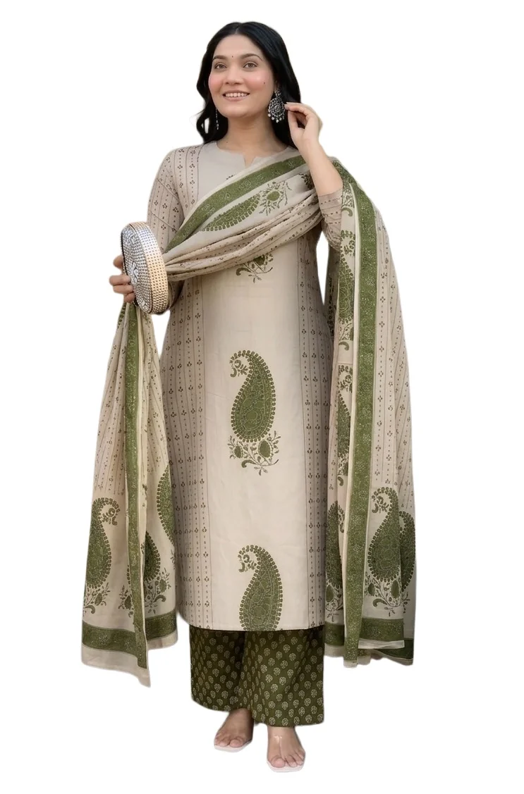 Pure Viscose Sudiksha Green Block Printed Ethnic Wear Straight Kurta Set with Palazzo Pants & Dupatta | Kurta Set for Women | 3 Piece Set