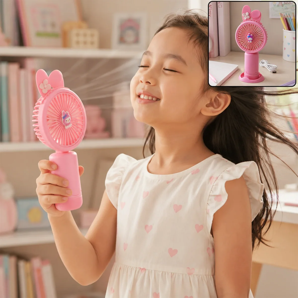 Portable USB Rechargeable Mini Handheld Fan with Desktop Stand for Kids