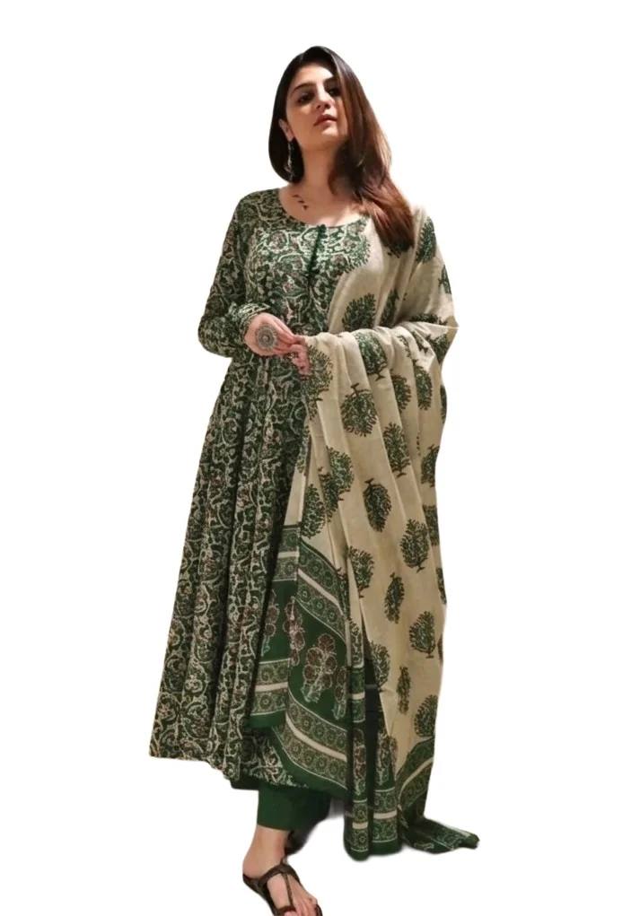 Trending Coral Green Printed Anarkali Dress | Kurti Pant Set 3 PCS