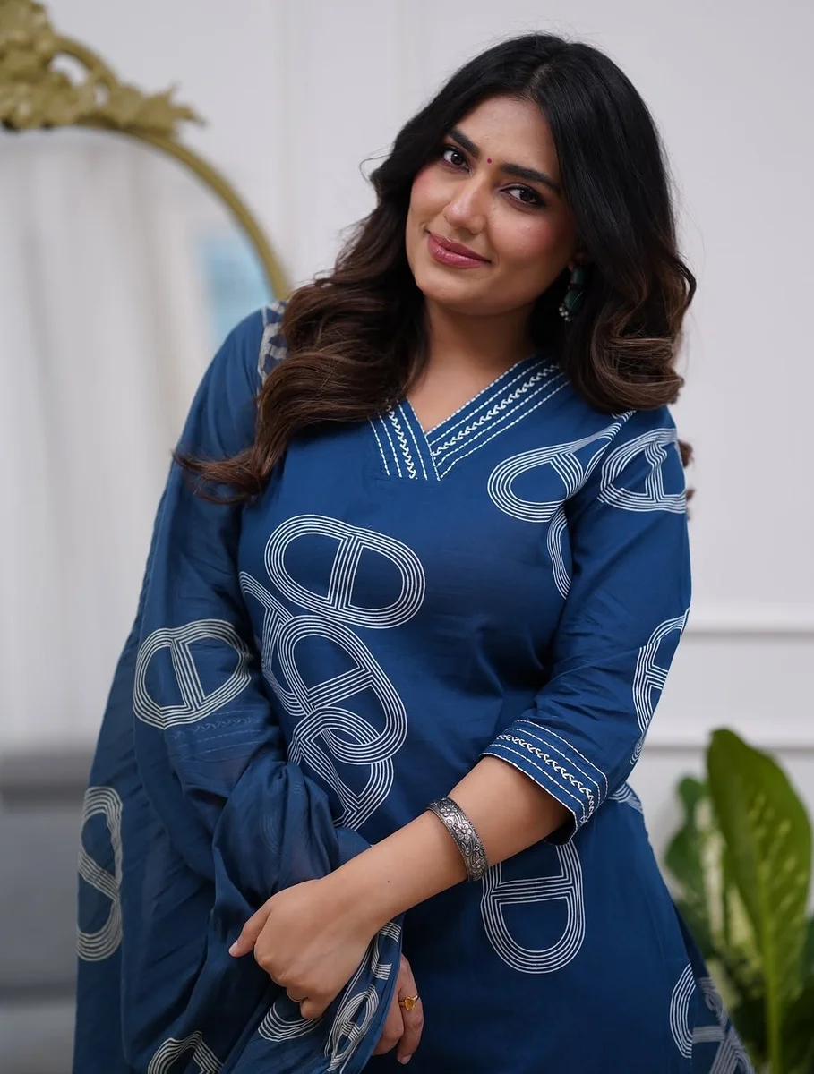 Trending Anjuma Blue Printed Vescos Dress | Kurti Pant Set 3 PCS