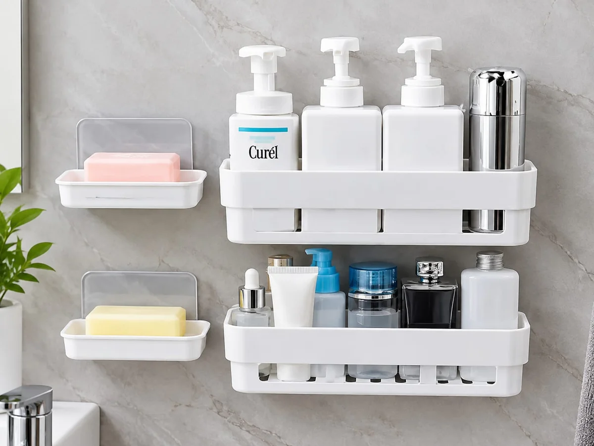 SHOPITECH COMBO OF 4 PCS Bathroom Shelf Rack / Kitchen Shelf / Wardrobe Shelf / Perfume Rack Plastic Wall Shelf ( 2 SOAP Shelves + 2 Bathroom Shelves )