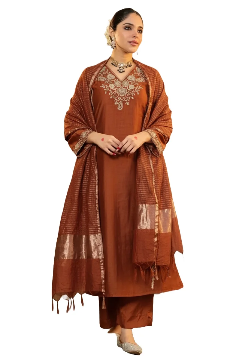 Rust Jalpa Embroidered Straight Kurta Set with Matching Pants and Woven Dupatta for Women