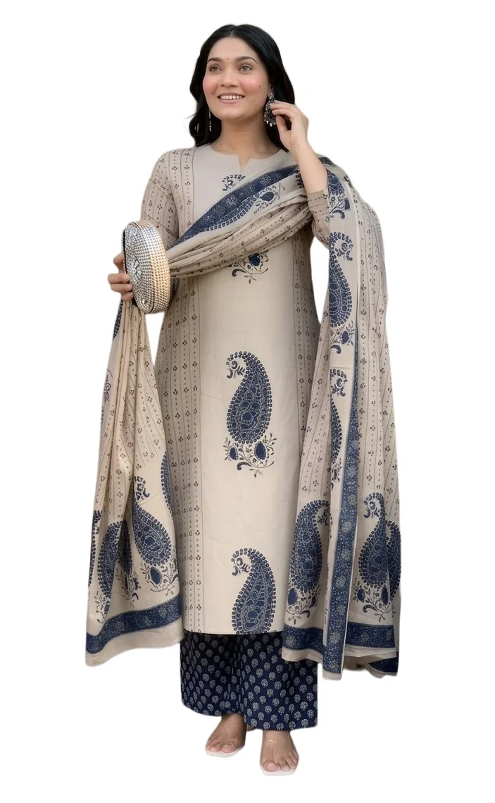 Pure Viscose Sudiksha Blue Block Printed Ethnic Wear Straight Kurta Set with Palazzo Pants & Dupatta | Kurta Set for Women | 3 Piece Set