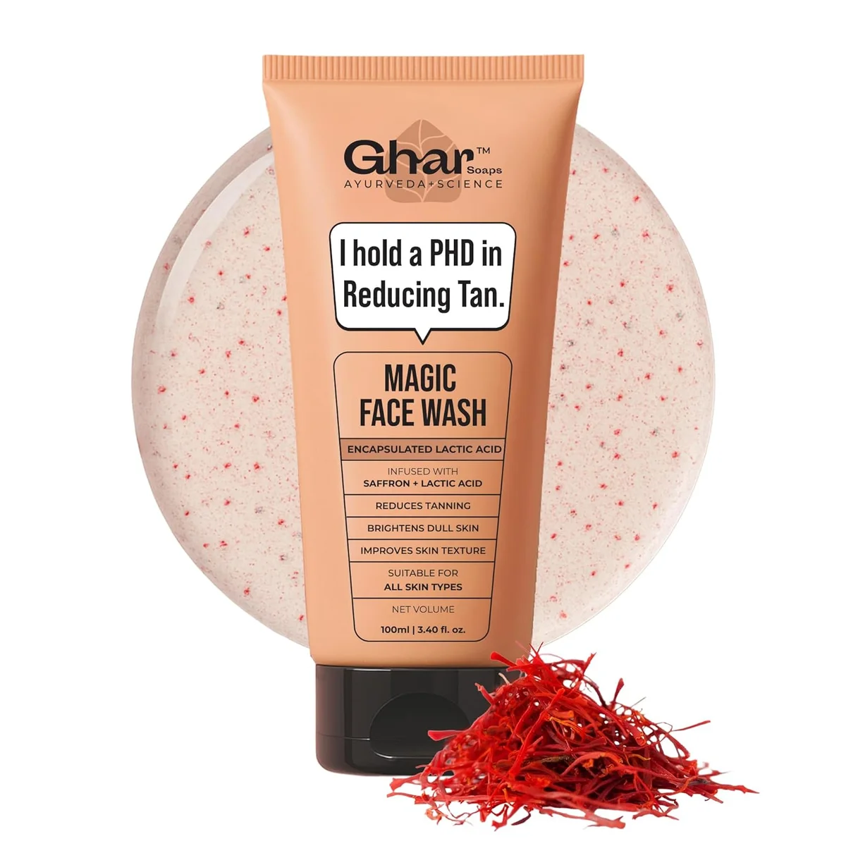 Ghar Soaps Magic De-Tan Face wash I With Sandalwood ,Saffron & Glutathione | Tan Removal, Brightening and Glowing Skin I For All Skin Type Skin I For Man & Women | 100ml
