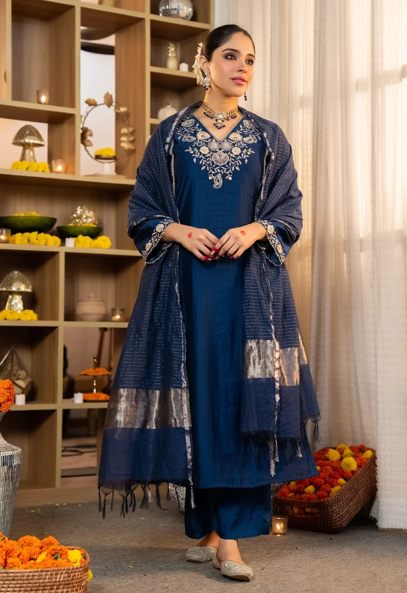 Navy Blue Jalpa Embroidered Straight Kurta Set with Matching Pants and Woven Dupatta for Women