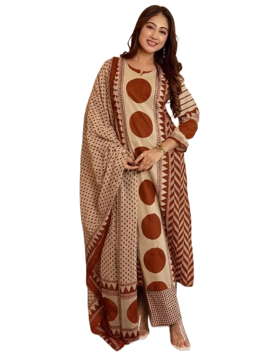 Trending Dhurandr Rust Viscose Printed Kurta Pant Dupatta Set for Women | Ethnic Suit Set