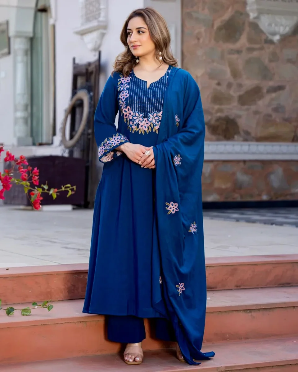 Trending Aravali Blue Printed Anarkali Dress | Kurti Pant Set 3 PCS