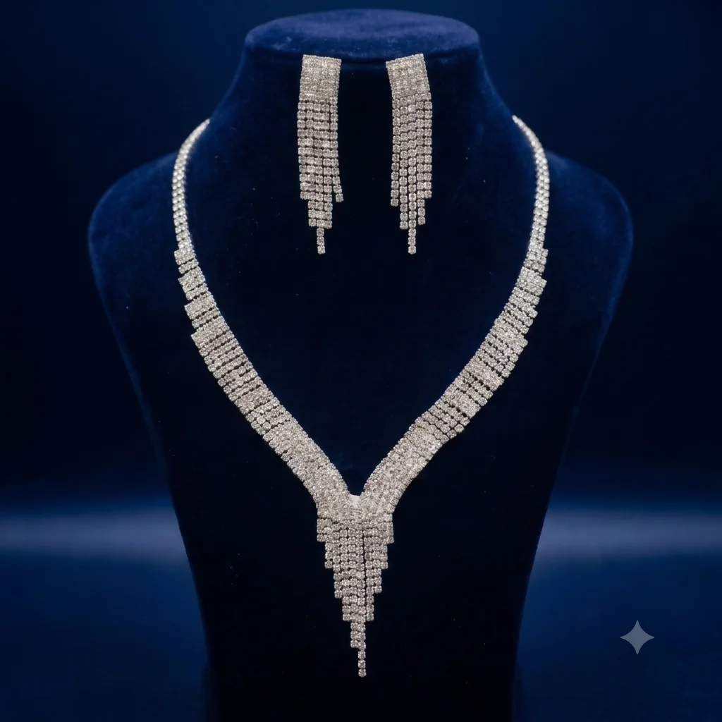 Silver Tone V Shape Necklace and Tassel Earring Set with Sparkling Stones for Party Wear