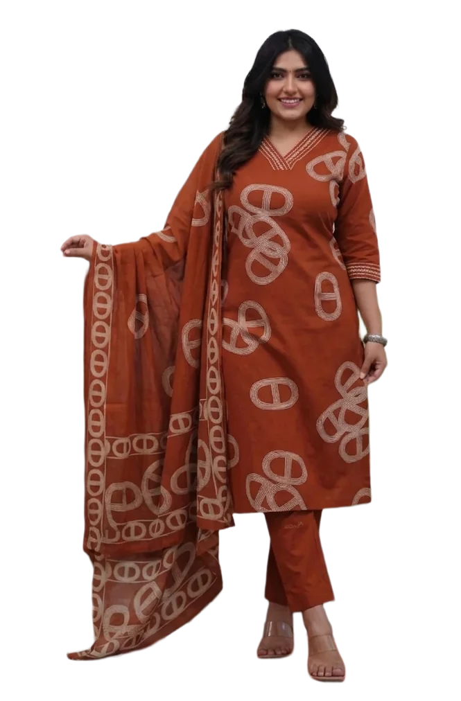 Trending Anjuma Orange Printed Vescos Dress | Kurti Pant Set 3 PCS