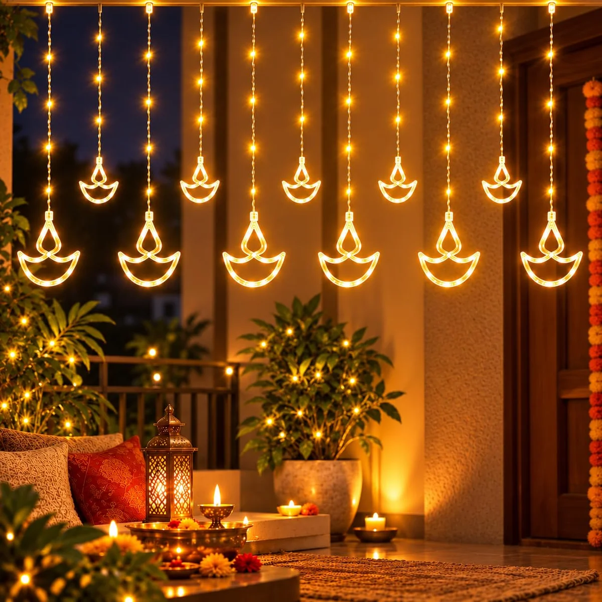 One94Store 12 Diya Curtain String LED Lights โ 3 Meter Warm White Plug-in Decorative Fairy Lights with 108 LEDs, 8 Lighting Modes for Wall, Diwali & Festival Decoration (Plastic)