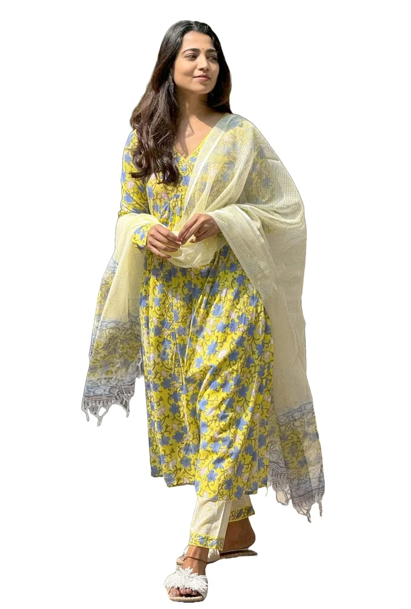 Trending Ajanta Yellow Printed Anarkali Dress | Kurti Pant Set 3 PCS