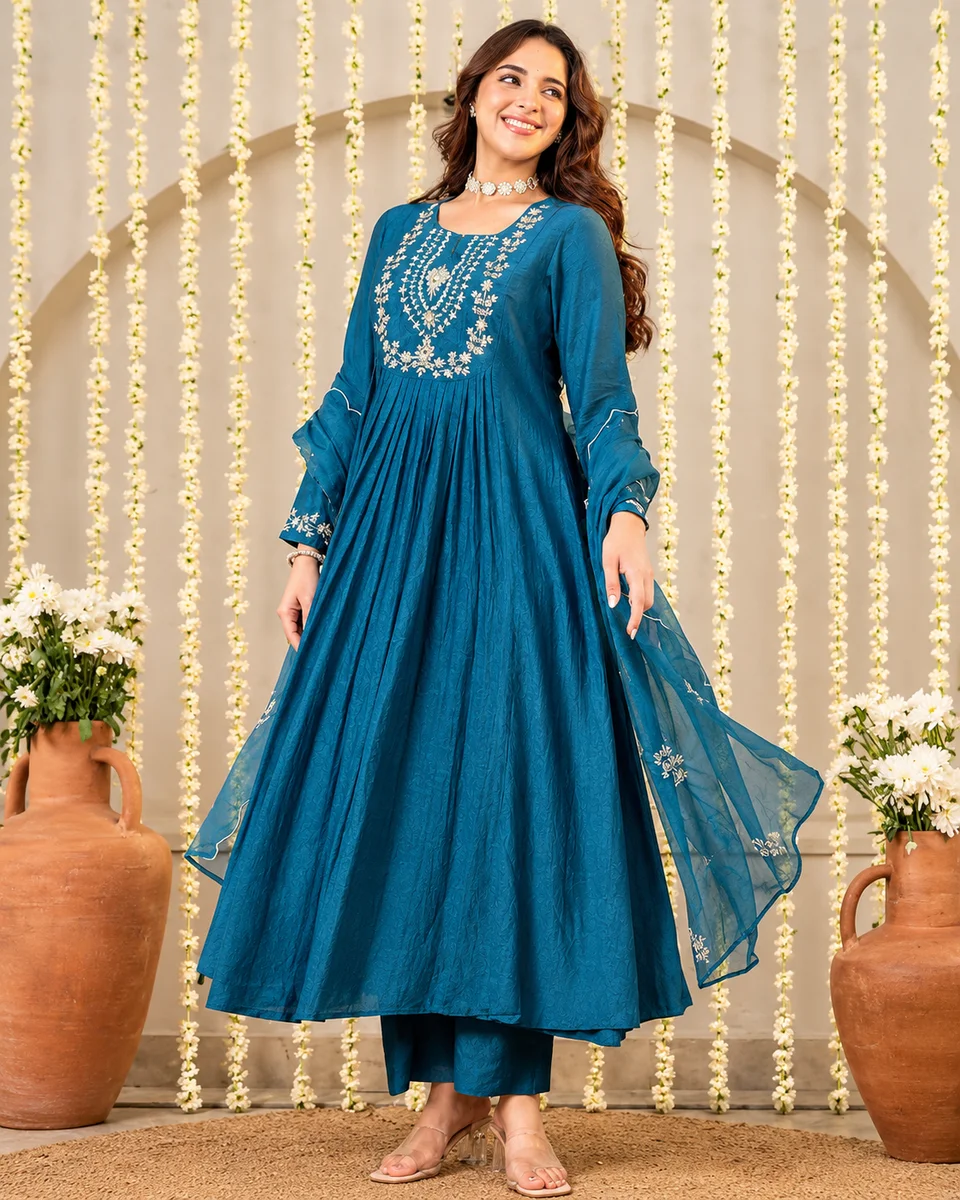 Trending Moli Morepeach Printed Anarkali Dress | Kurti Pant Set 3 PCS