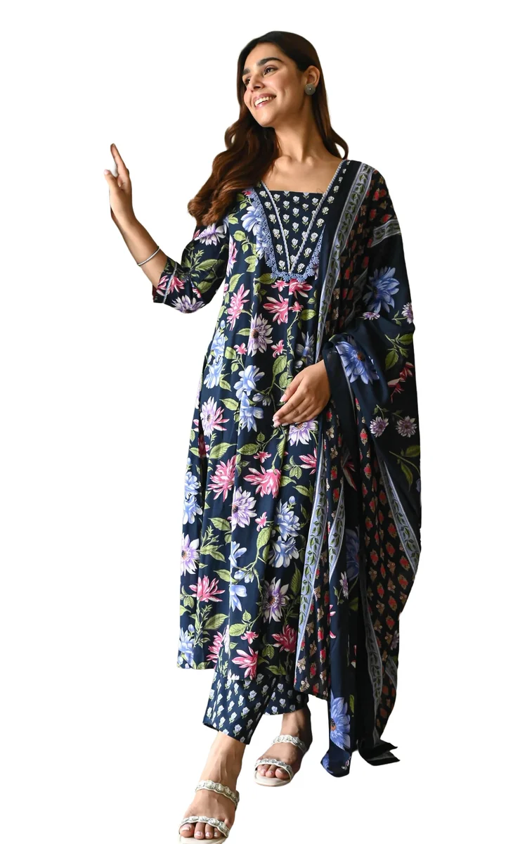 Trending Jasodha Blue Floral Printed Viscose Kurta Pant Dupatta Set for Women | Navy Blue Ethnic Suit