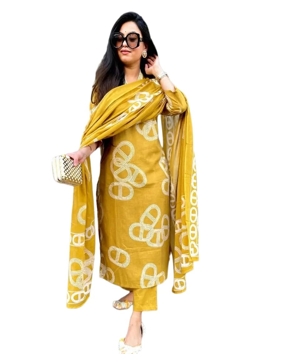 Trending Anjuma Yellow Printed Vescos Dress | Kurti Pant Set 3 PCS