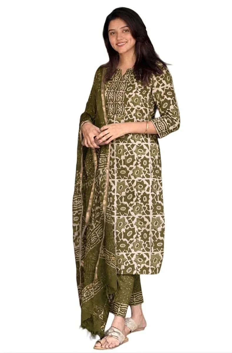 Trending Anushri Green Viscose Ethnic Block Print Kurta Pant Dupatta Set for Women | Traditional Ethnic Suit