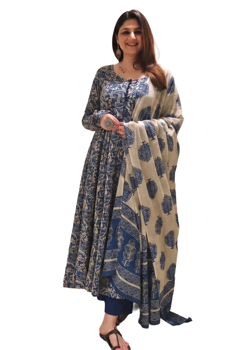 Trending Coral Blue Printed Anarkali Dress | Kurti Pant Set 3 PCS