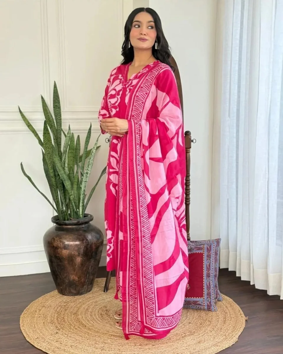 Trending Parampara Pink Printed Dress | Kurti Pant Set 3 PCS
