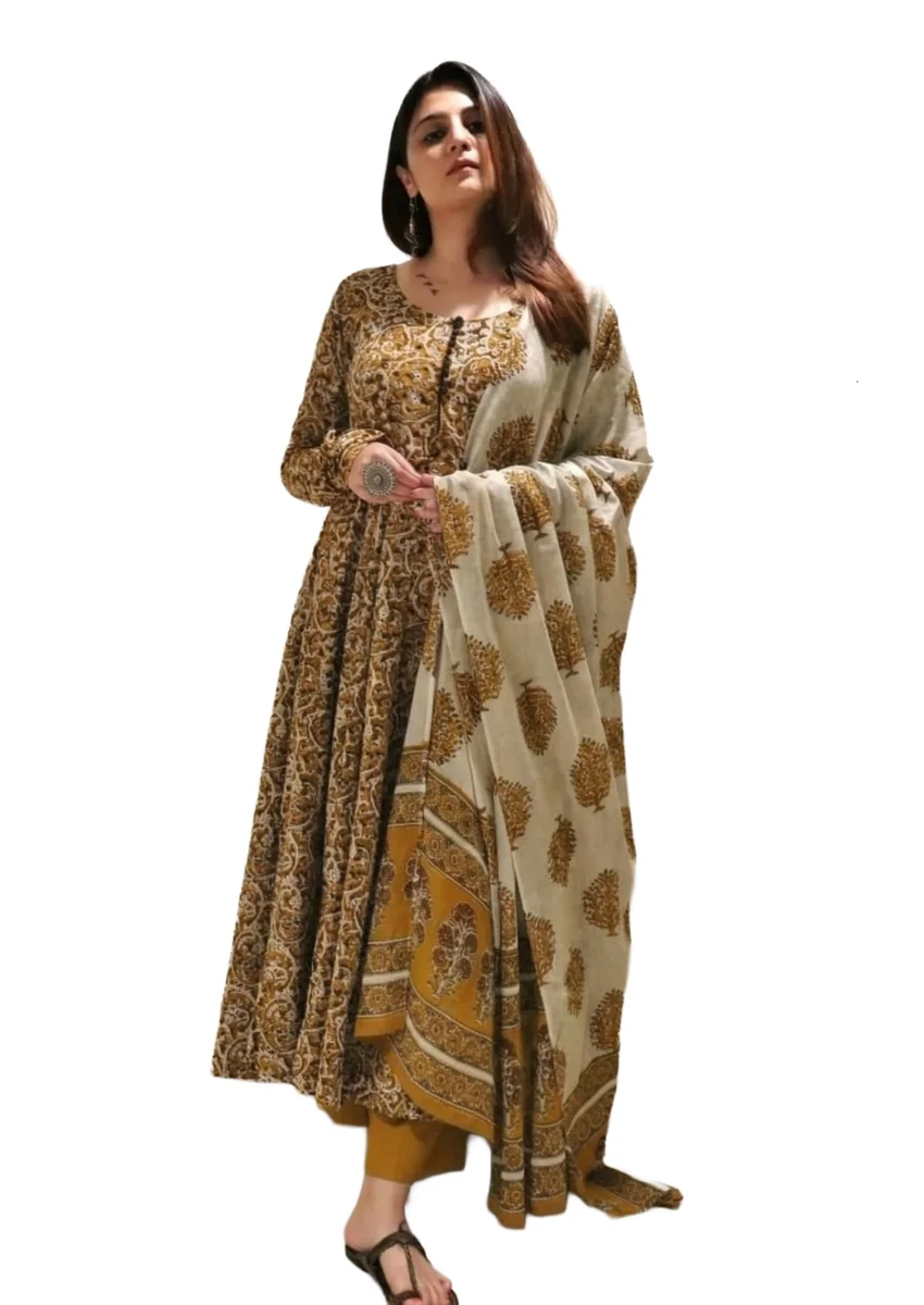 Trending Coral Yellow Printed Anarkali Dress | Kurti Pant Set 3 PCS