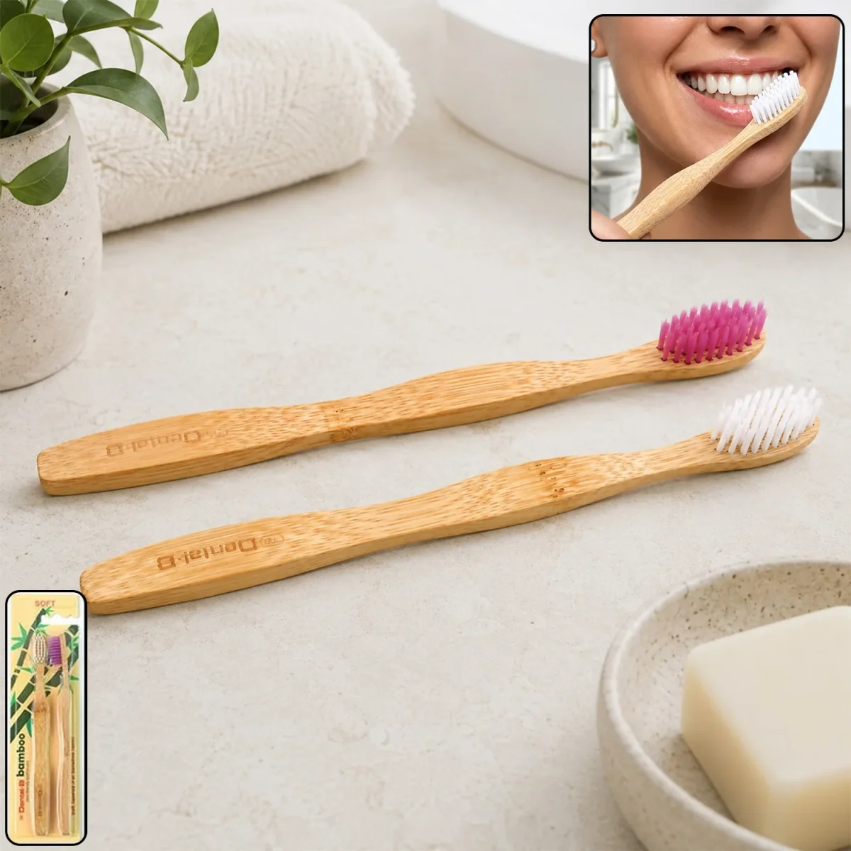 Women Bamboo Toothbrush Set Soft Bristles Eco Friendly Biodegradable (2 Pc / Mix Design)