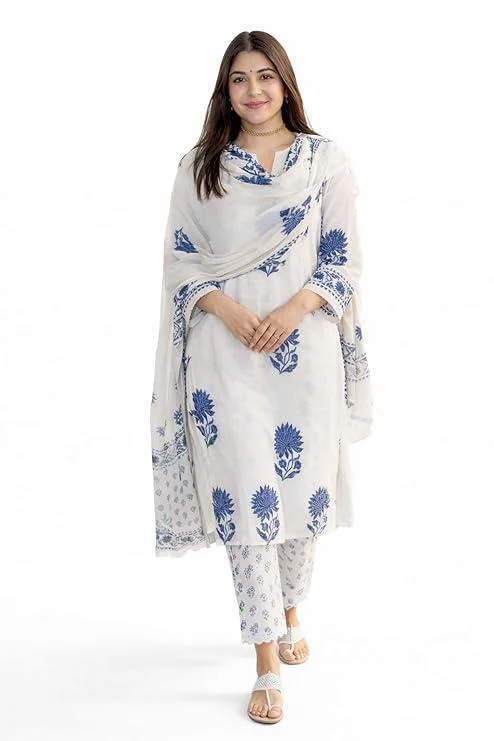Trending Debolina White Printed Vescos Dress Staight Kurta | Kurti Pant Set 3 PCS