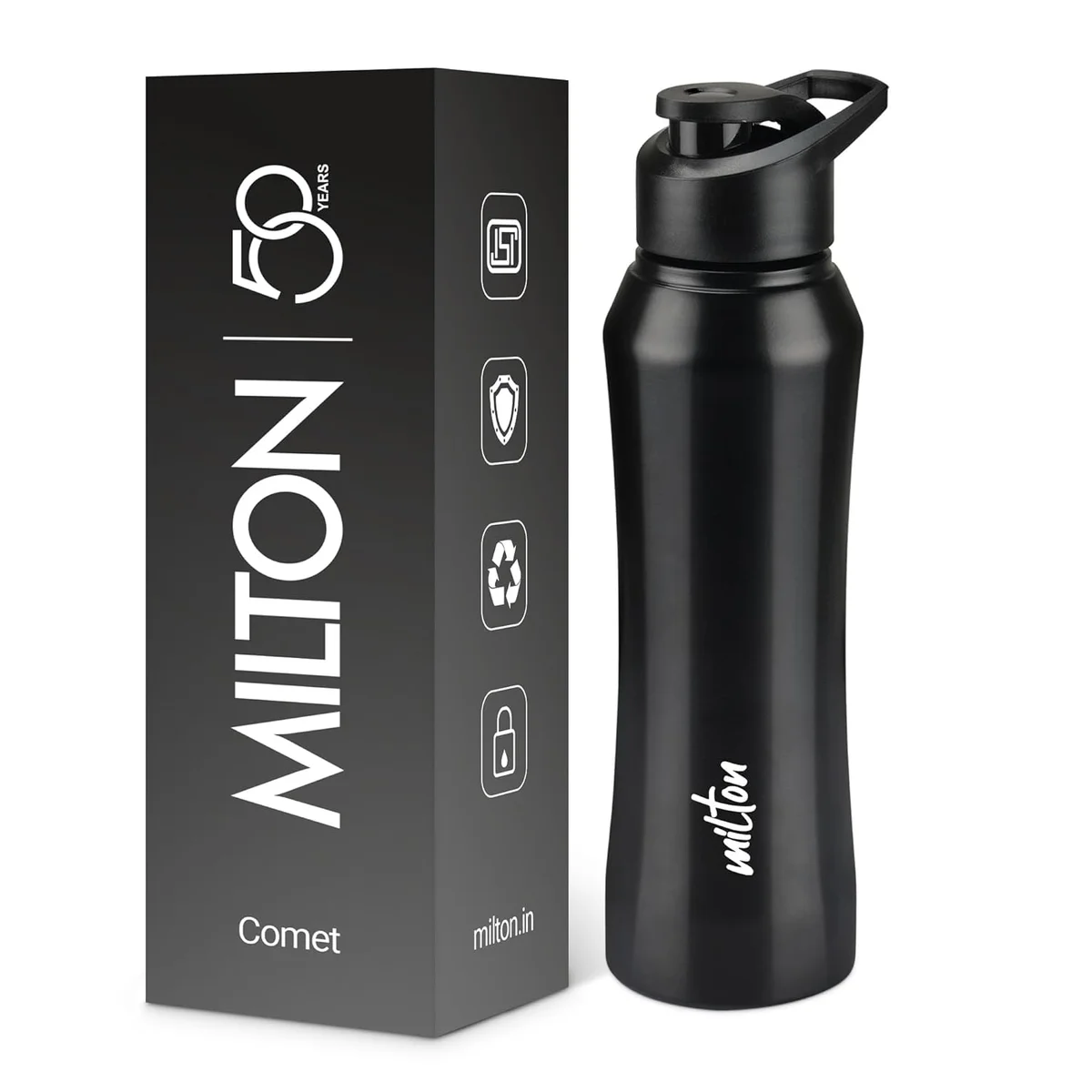 MILTON Comet 1000 Stainless Steel Water Bottle 1000 ml, Single Walled, ISI Certified I Leak Proof Lid, Rust Proof I For School, Office, Gym I Black