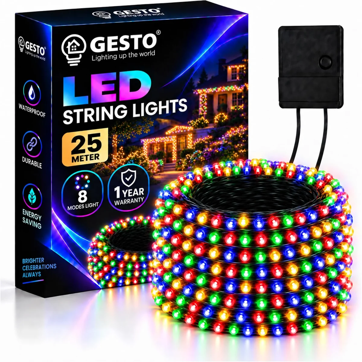 Gesto 25 Meter LED String Lights - Multicolor Led Fairy Lights for Decoration with 8 Modes Changer | 360° Glow Waterproof Lights for Home Decor Balcony Outdoor Christmas & Diwali Decoration-Pack of 1
