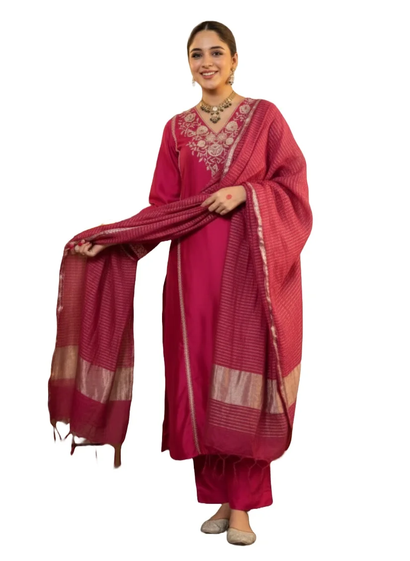 Rani Pink Jalpa Embroidered Straight Kurta Set with Matching Pants and Woven Dupatta for Women