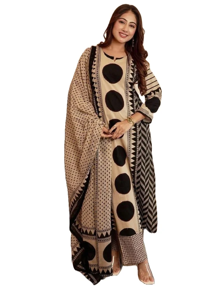 Dhurandhar Beige & Black Printed Straight Kurta Set with Coordinated Dupatta and Printed Pants for Women