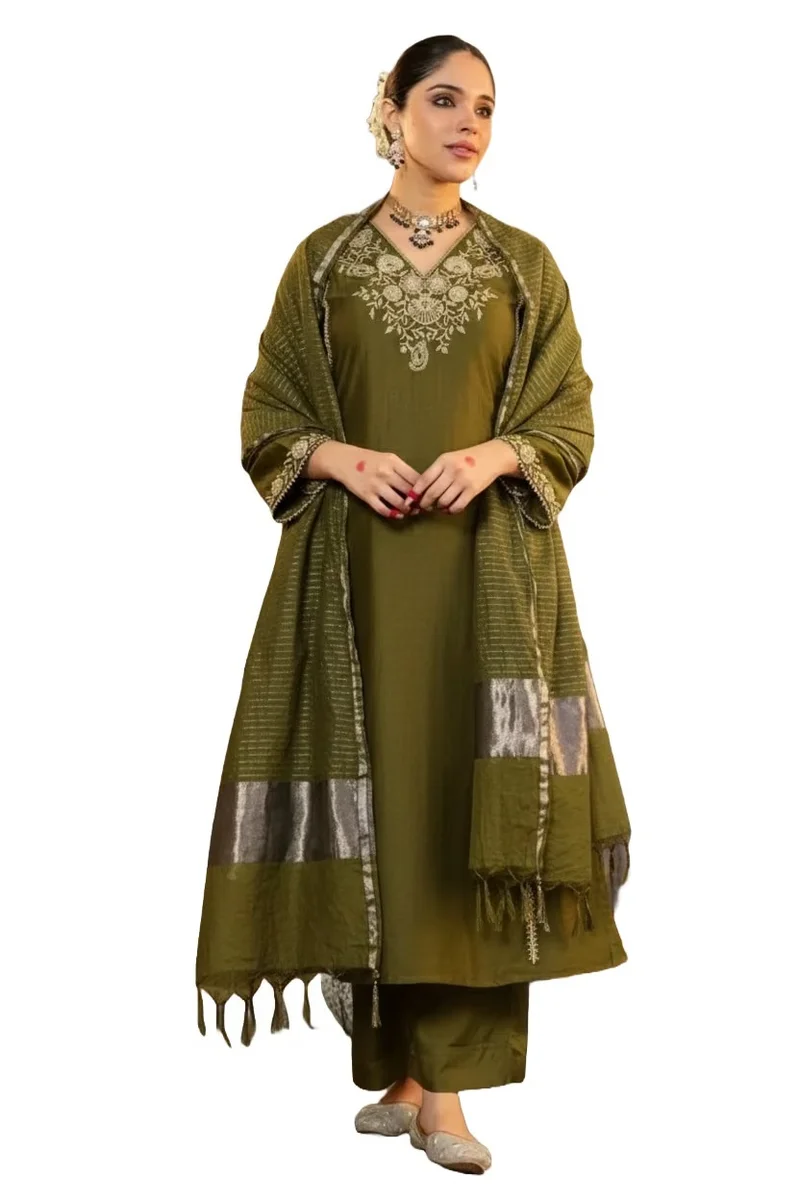 Mahendi Jalpa Embroidered Straight Kurta Set with Matching Pants and Woven Dupatta for Women