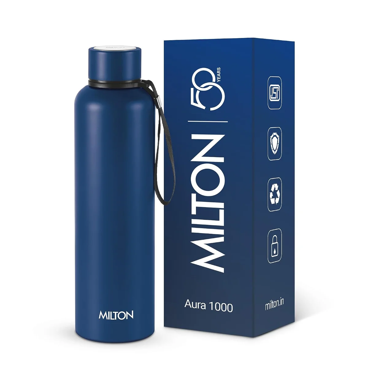 Milton Aura 1000 Thermosteel Water Bottle, 24 Hr Hot and Cold I Leak Proof Lid, ISI Certified I Vacuum Insulated I for Office, Gym, School I Dark Blue, 1000 ml