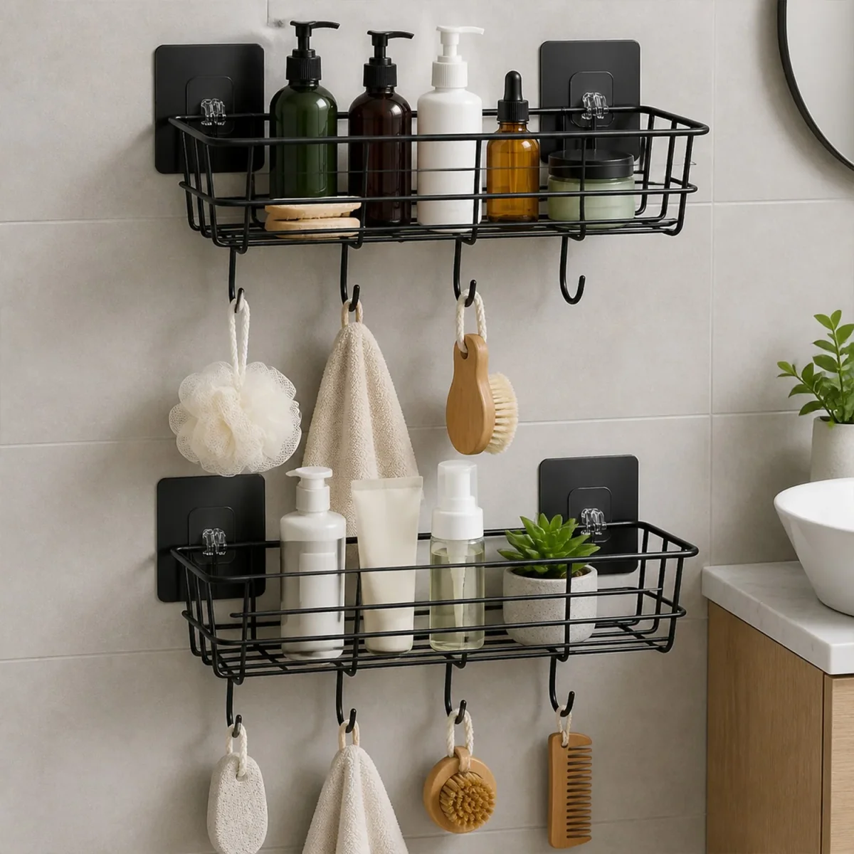 Self-Adhesive Wall Storage Baskets with Hooks – Durable Metal, No Drill