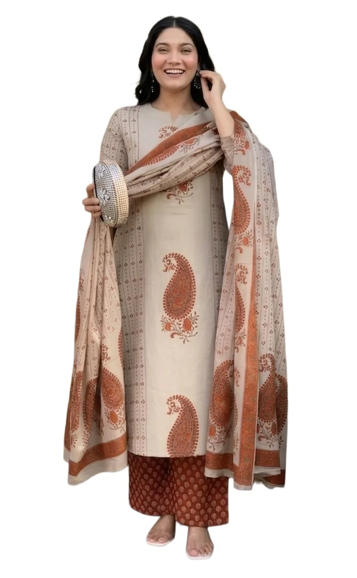 Pure Viscose Sudiksha Rust Block Printed Ethnic Wear Straight Kurta Set with Palazzo Pants & Dupatta | Kurta Set for Women | 3 Piece Set