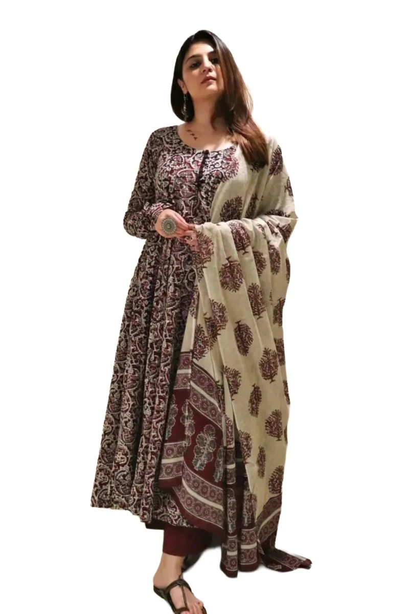 Trending Coral Maroon Printed Anarkali Dress | Kurti Pant Set 3 PCS