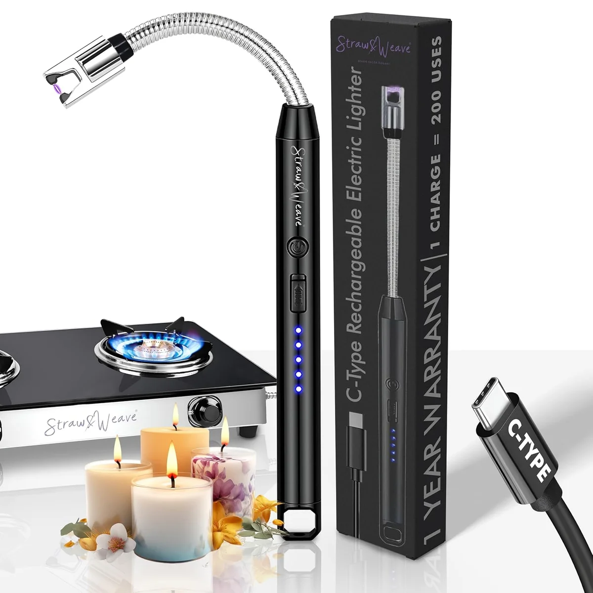 STRAW&WEAVE Rechargeable Electric Gas Lighter for Kitchen, Lighter for Gas Stove, Candles, Pooja, 1 Year Warranty, C-Type USB, Kitchen Tools, Multi Purpose - 360° Flexible & Windproof, Black