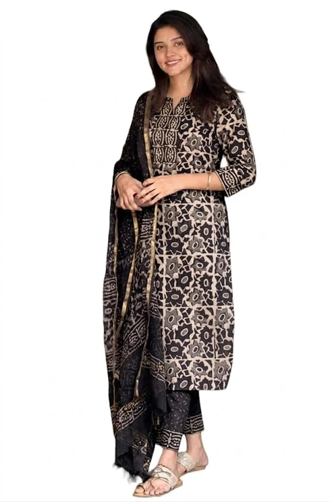 Trending Anushri Black Viscose Ethnic Block Print Kurta Pant Dupatta Set for Women | Traditional Ethnic Suit