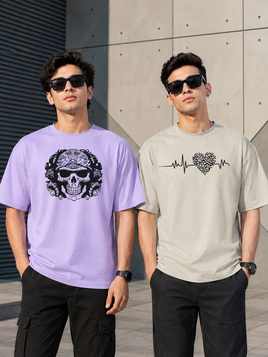Pack of 2 Tee Town Men's Oversized Cotton Blend Stylish T-Shirt | Half Sleeve Round Neck Casual T-Shirt