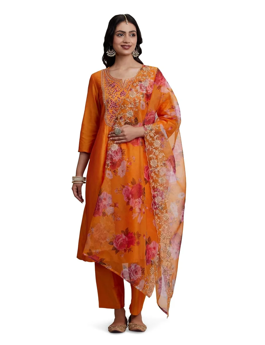 Amazon Brand - Myx Women's Kurta Pant Set with Embroidered Organza Dupatta | A-line fit (Available in Plus Sizes)