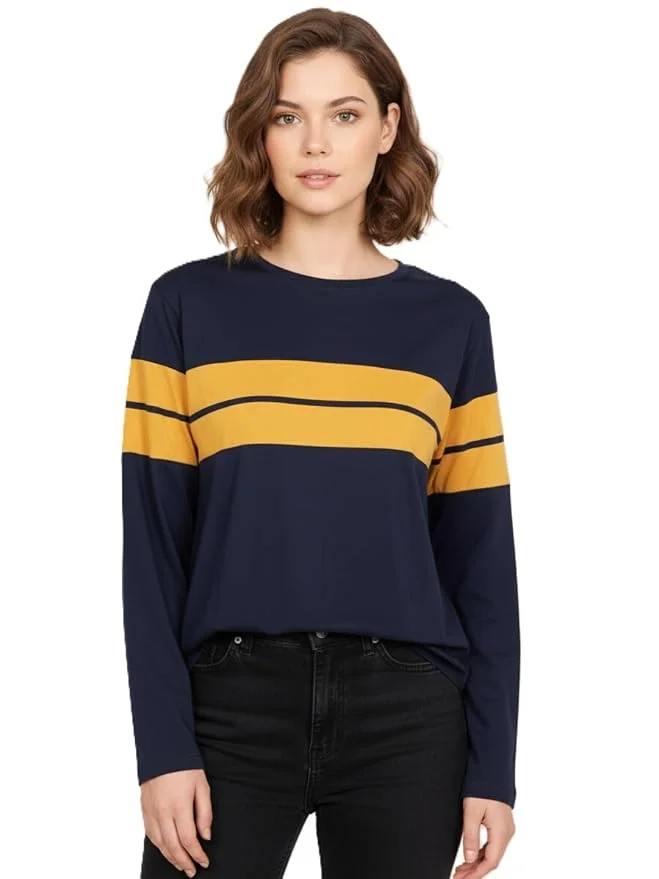 Buy LEOTUDE Womens Full Sleeve Regular Loose Fit Round Neck Colourblocked Cottonblend Casual Wear Tshirts Tops for Woman (GRL_18_Navy_P_Navy Blue_L) at Amazon.in