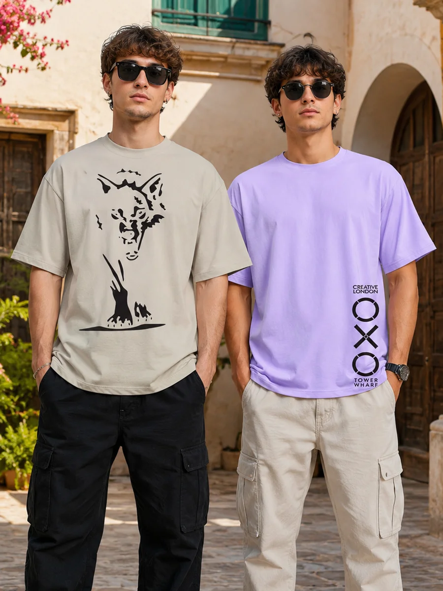 Pack of 2 Tee Town Men's Oversized Cotton Blend Stylish T-Shirt | Half Sleeve Round Neck Casual T-Shirt
