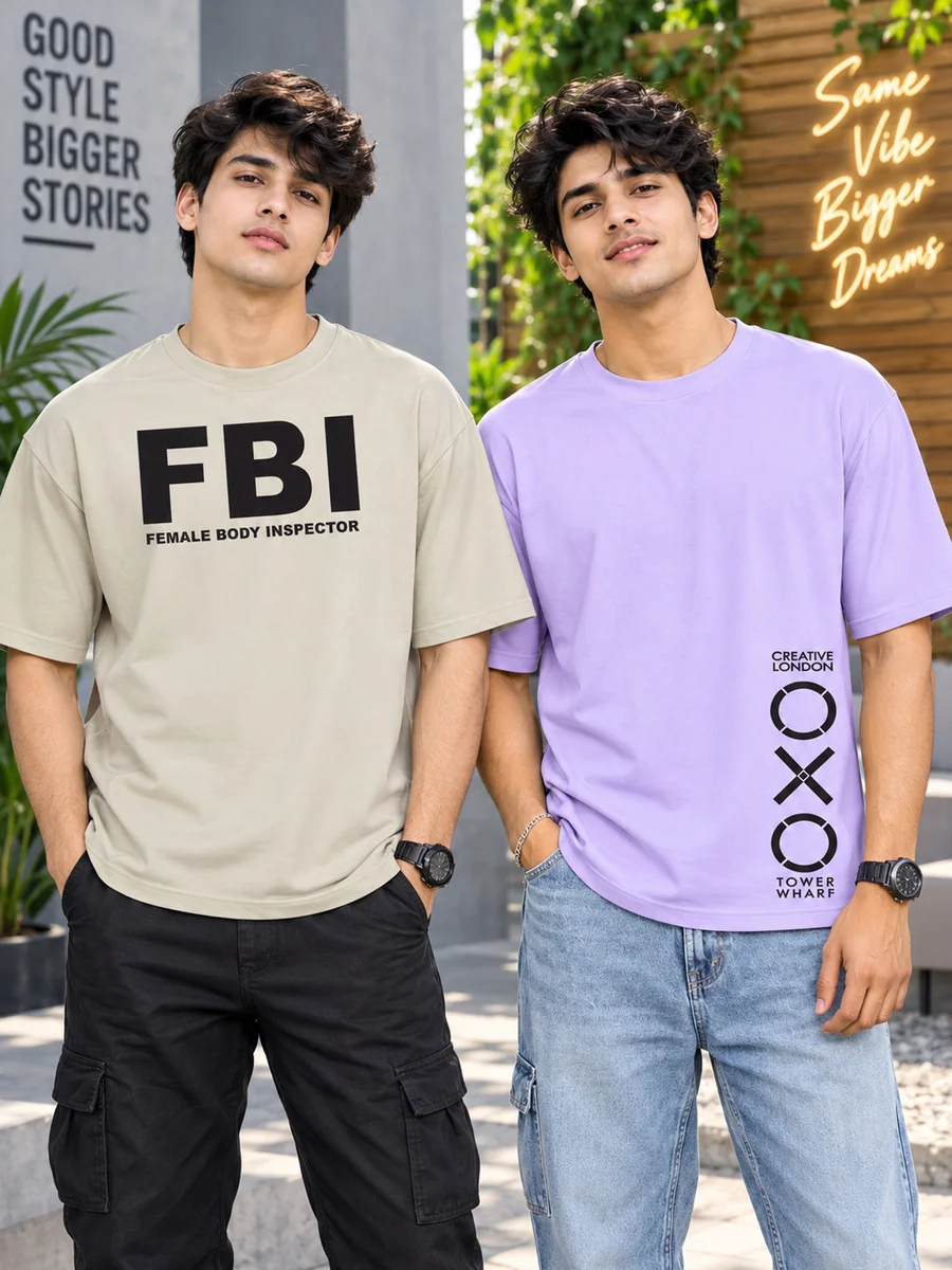 Pack of 2 Tee Town Men's Oversized Cotton Blend Stylish T-Shirt | Half Sleeve Round Neck Casual T-Shirt