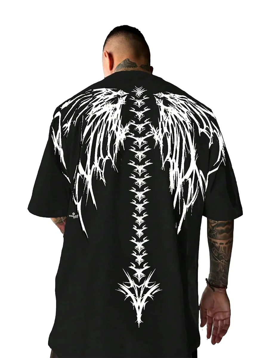 THALASI Men Cotton Printed Aesthetic Oversized Tshirt for Men - Black T Shirt for Men Stylish | Half Sleeve Oversize Fit Round Neck Tshirts - Down Shoulder & Baggy Fit Korean Tshirts for Man & Boys