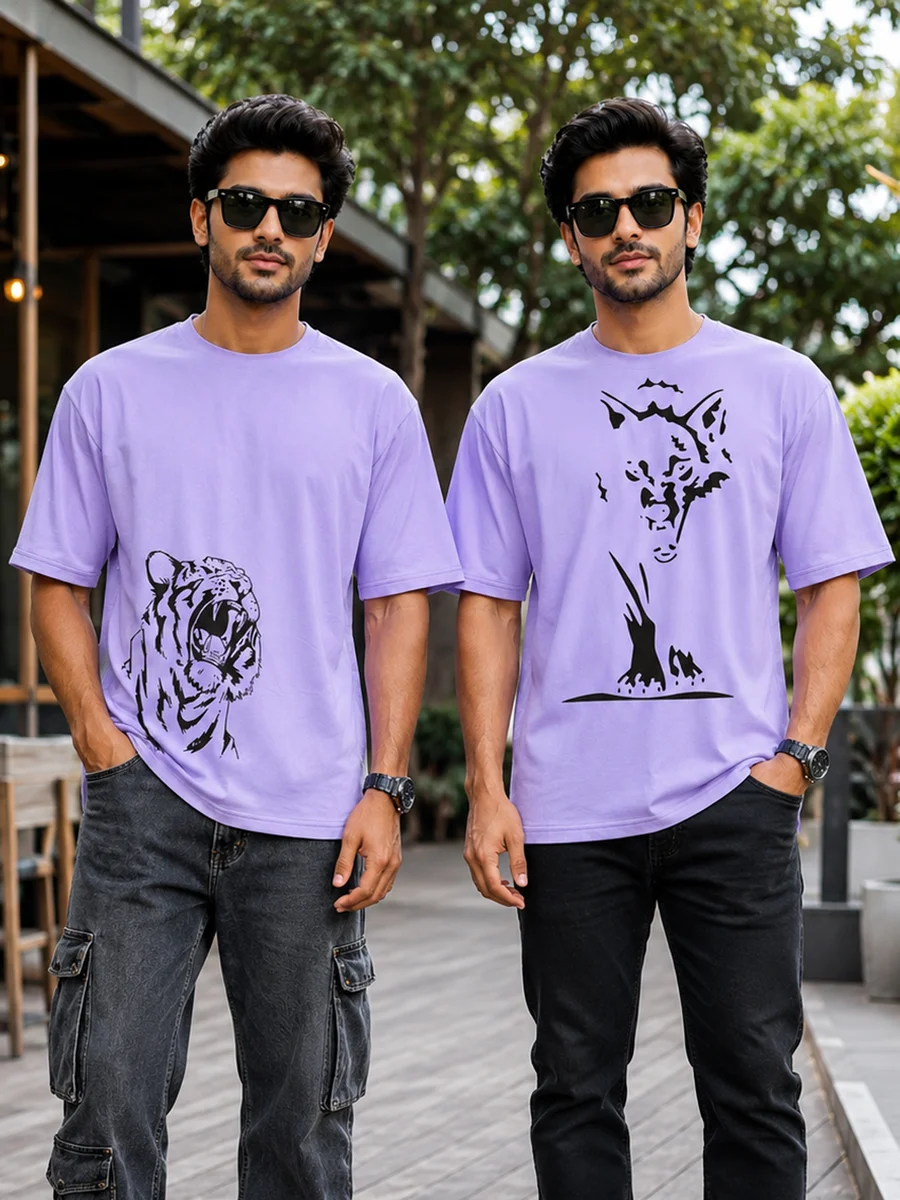 Pack of 2 Tee Town Men's Oversized Cotton Blend Stylish T-Shirt | Half Sleeve Round Neck Casual T-Shirt