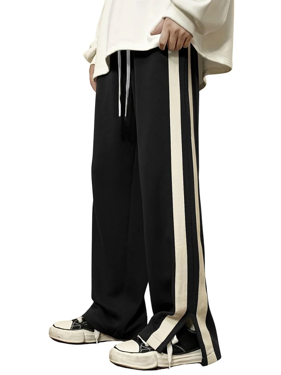 GRECIILOOKS Men Casual Trouser | Men’s Wide Leg Track Pants with Contrast Side Panel | Relaxed Drawstring Fit Streetwear Trousers | Loose Fit Joggers for Man