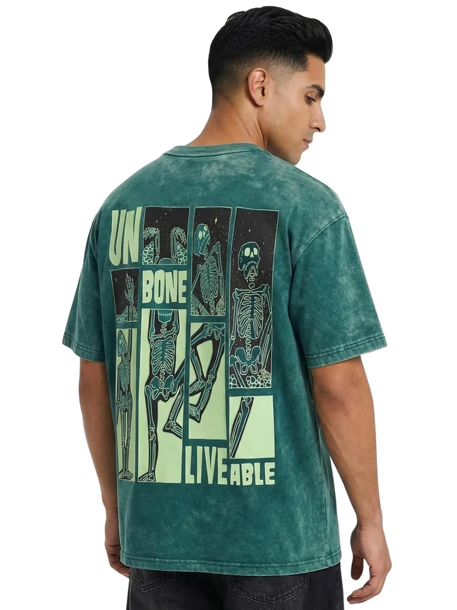 Veirdo® Heavy GSM Pure Cotton Men's Graphic Print Oversized Fit Half Sleeve Round Neck Cotton Acid Wash Print T-Shirt in Different Colors with Sizes ranging from S to 2XL.