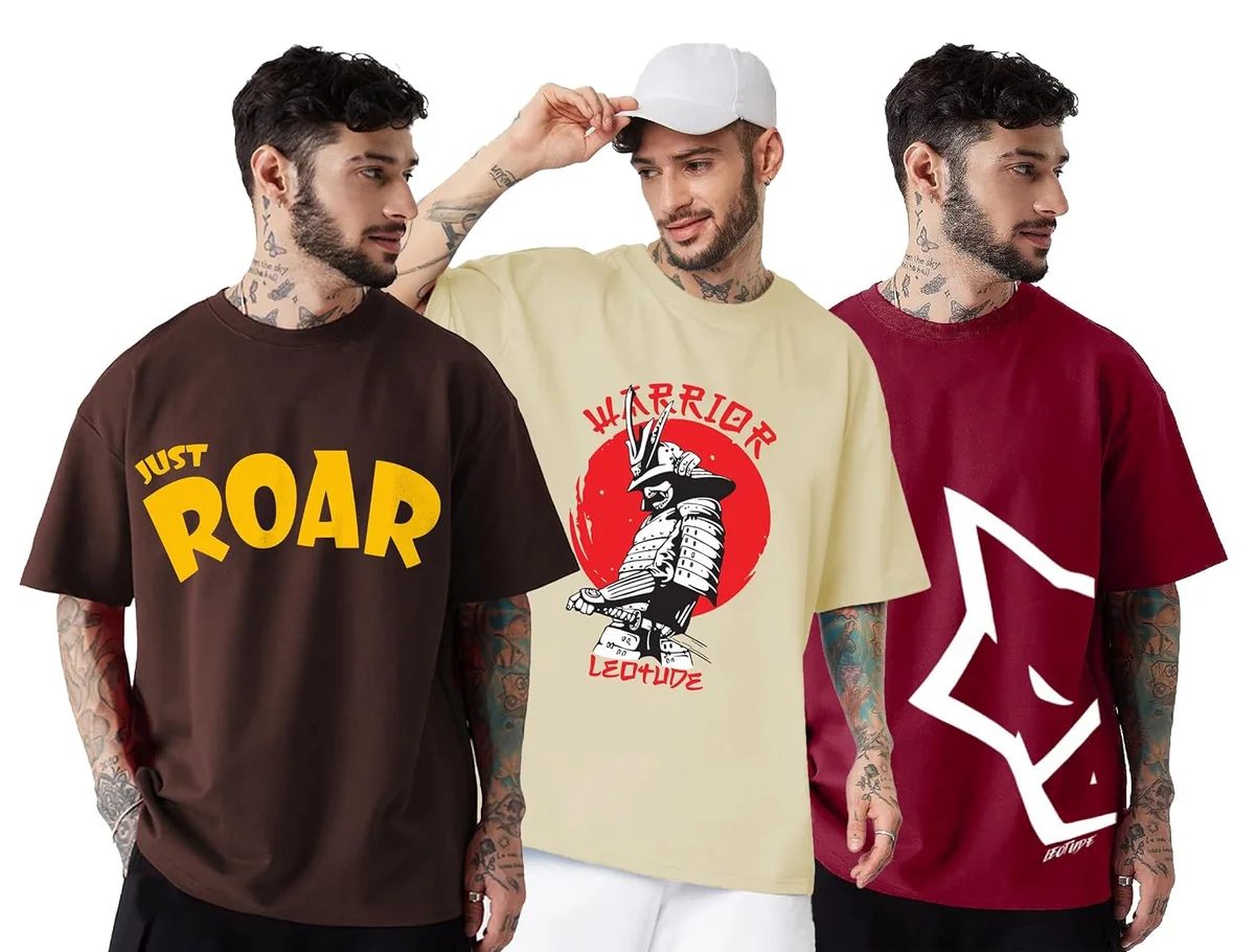 LEOTUDE Men's Cotton Regular Fit Half Sleeve Oversized Tshirt, Round Neck