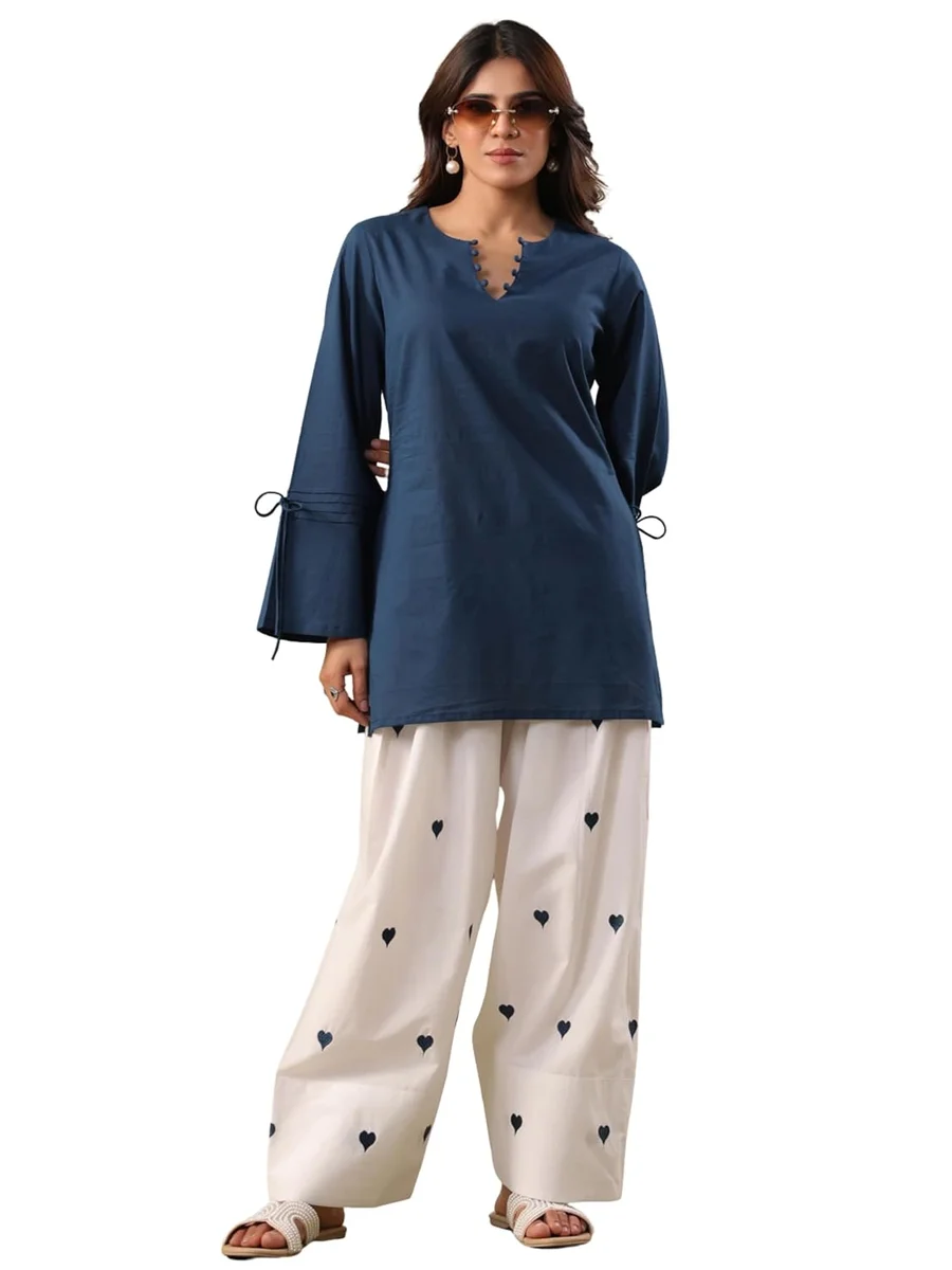 Rimeline Women's Teal Blue Short Kurta and White Farshi Salwar Set | Soft Breathable Fabric | Stylish kurta set
