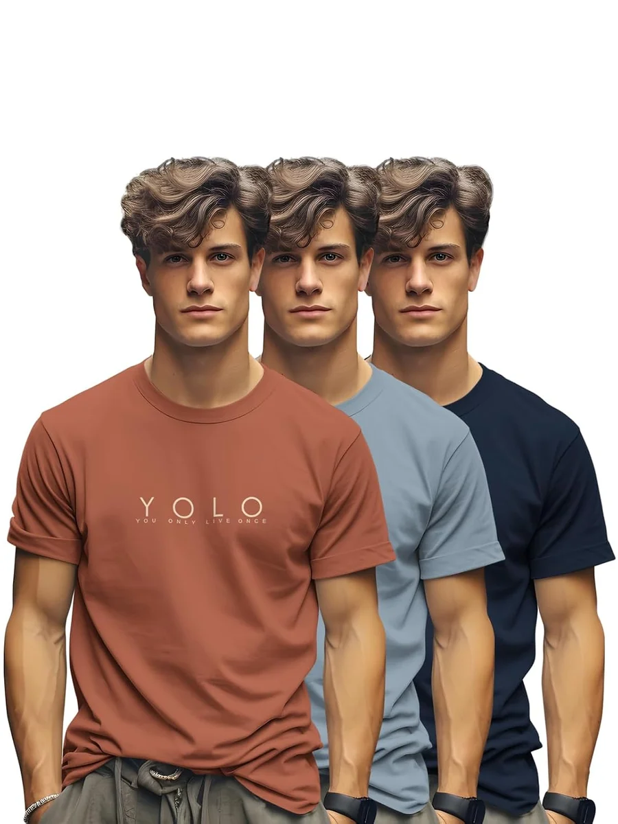 BULLMER Trendy Printed Cotton Blend Crew Neck/Round Neck Half Sleeve Tshirt for Men - Pack of 3