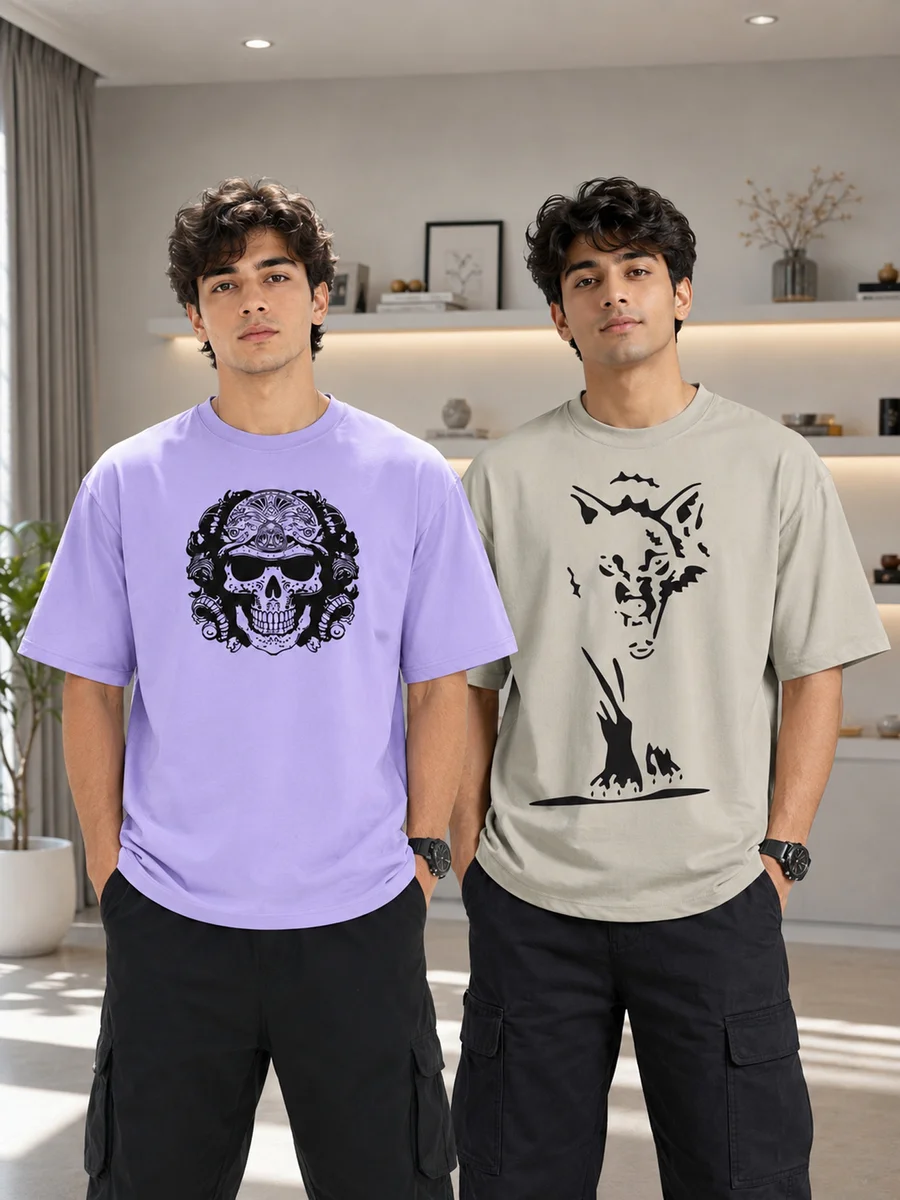 Pack of 2 Tee Town Men's Oversized Cotton Blend Stylish T-Shirt | Half Sleeve Round Neck Casual T-Shirt